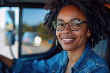 A stylish woman in glasses sitting in a car, confidently looking ahead while smiling behind the wheel