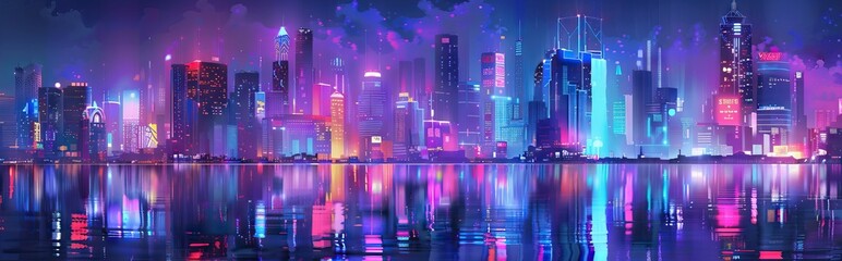 Futuristic city. Concept Art. Cityscape at night with bright neon lights. 3D illustration. AI generated illustration