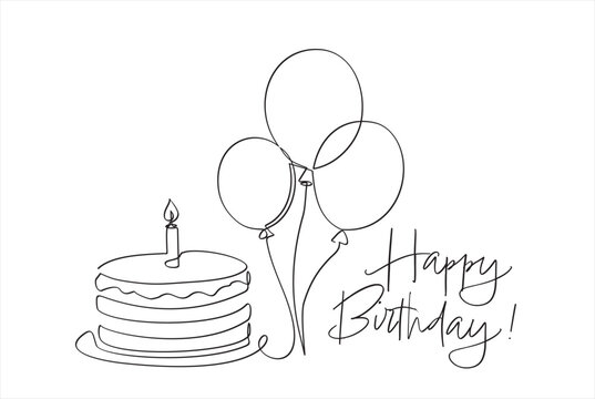 Birthday cake in continuous line art drawing style. Traditional birthday cake with candle on the top minimalist black linear sketch isolated on white background. Vector illustration