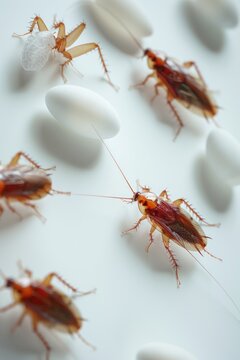 Group of cockroach eggs on a clean white surface, useful for illustration or documentary purposes
