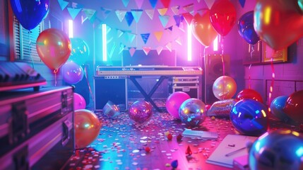 Blue and pink helium balloons on stage with neon lights, night club, party, gender party