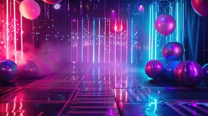 Blue and pink helium balloons on stage with neon lights, night club, party, gender party