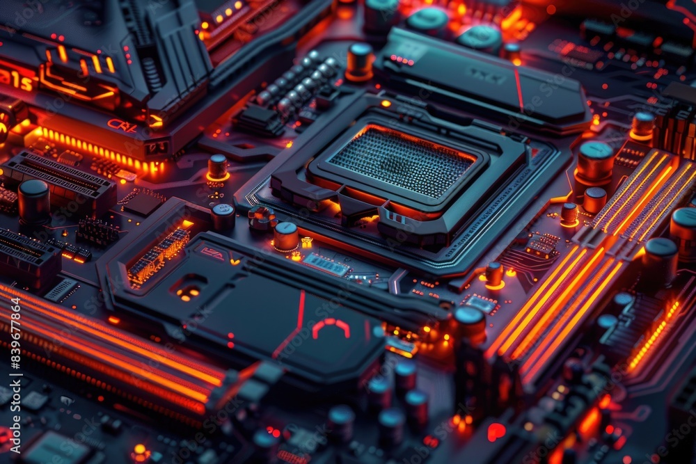 Poster a detailed view of a computer motherboard with various components and circuits
