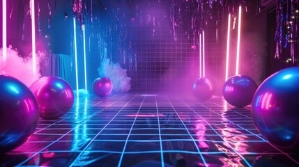 Blue and pink helium balloons on stage with neon lights, night club, party, gender party