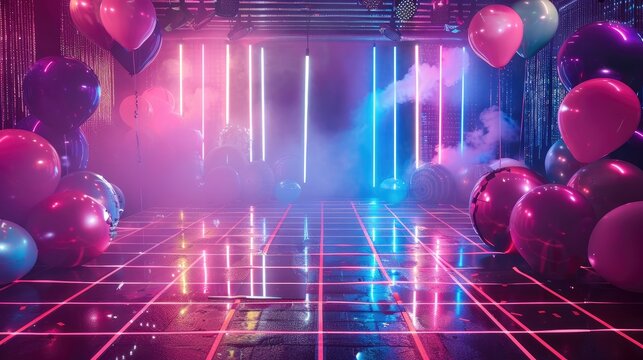 Blue and pink helium balloons on stage with neon lights, night club, party, gender party