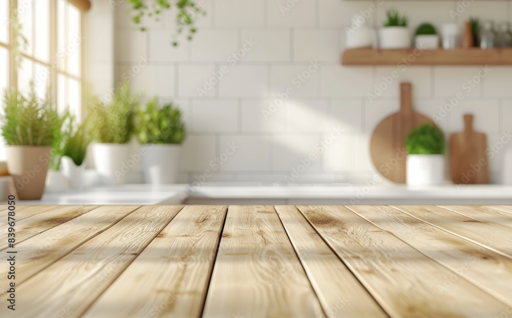 Wall mural Empty wooden table top with blurred kitchen interior background  - Wall murals