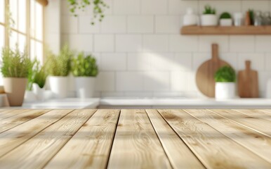Empty wooden table top with blurred kitchen interior background 
