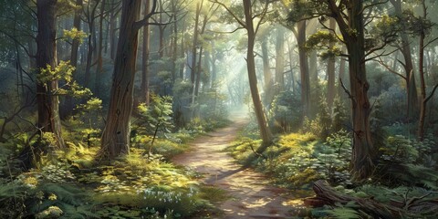 Fototapeta premium Sunlit Forest Path with Lush Greenery