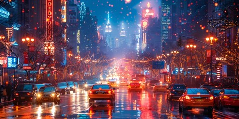 A city street at night with numerous cars driving on it under bright lights