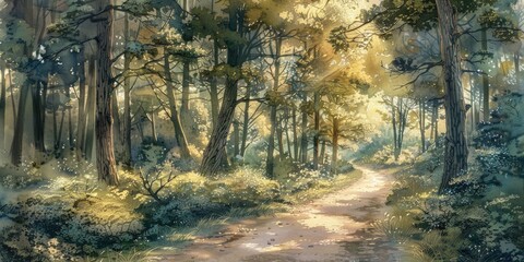 Obraz premium Sunlit Forest Path with Lush Greenery