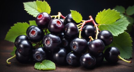 Fototapeta premium Fresh black currant on dark background.