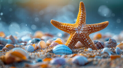 close-up of a starfish on a sandy beach, surrounded by sea shells, evokes summer vacation, with space for text