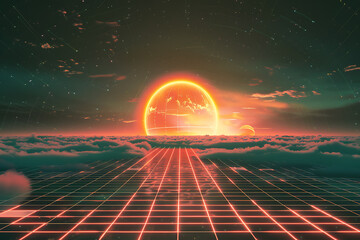 Retro futuristic landscape. Digital pink purple background