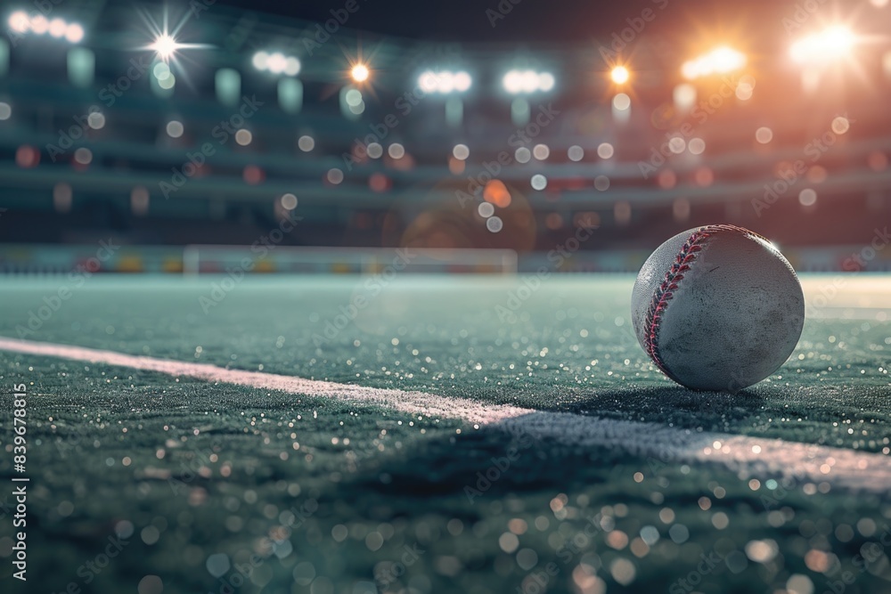 Wall mural a single baseball sits on the grass of a baseball field, waiting for a player to pick it up