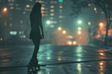 A woman rides her skateboard down a wet street under the lights of the city at night - Powered by Adobe