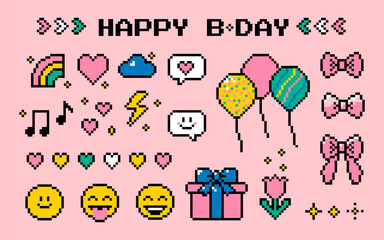 Pixel art happy birthday elements collection. Present, ballon, holiday, party icon set. Colorful. Y2k trendy playful pixelated stickers. Mood of 90's aesthetics. 8-bit retro style vector illustration