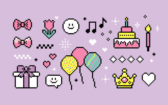 Pixels birthday elements. Present, birthday cake, ballon, holiday, party icon set. Colorful design. Y2k trendy playful pixelated sticker. Mood of 90's aesthetics. 8-bit retro style vector illustration