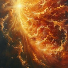 A fiery ball painting in the atmosphere, glowing amber against the orange sky