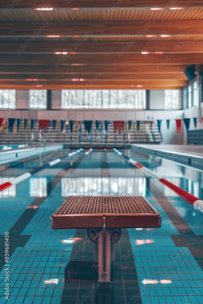 Aufkleber a photo of an empty swimming pool with a bench in the middle, suitable for various uses such as rela