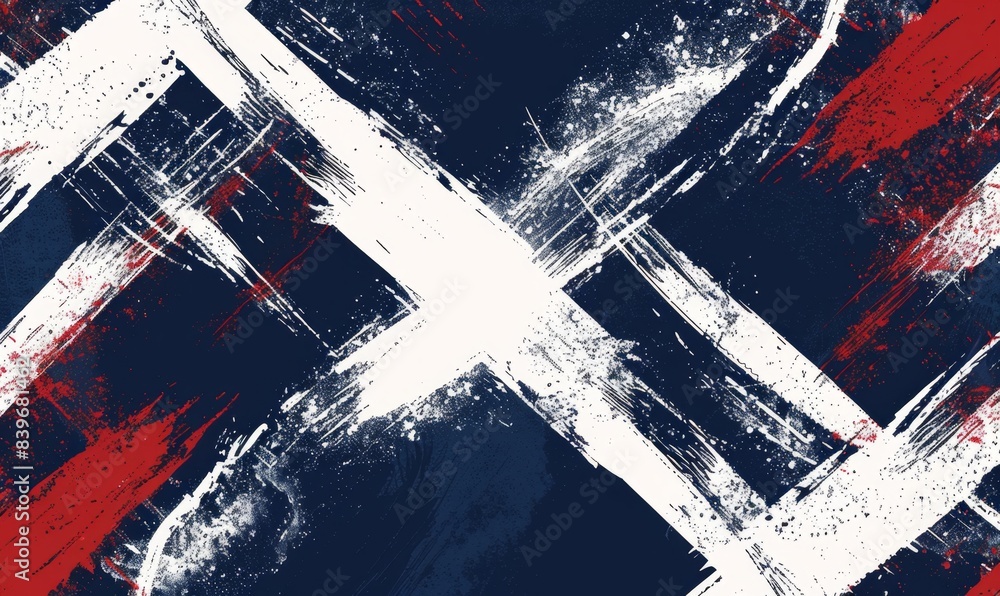 Poster abstract vector pattern with navy blue, white and red brush strokes in the shape of an x generative 