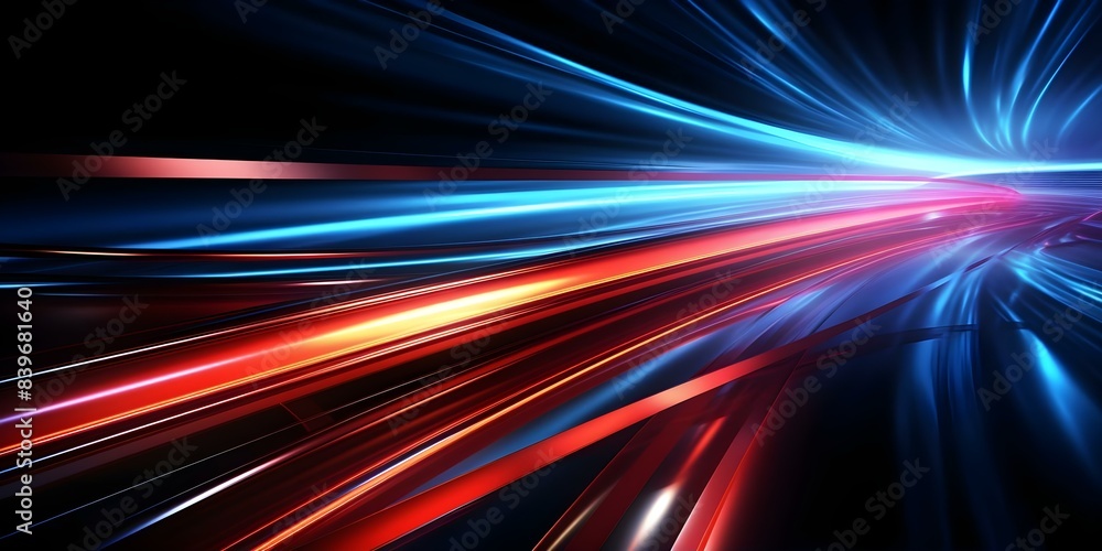 Aufkleber glowing abstract lines on dark background representing high-speed optical fiber data transmission. c