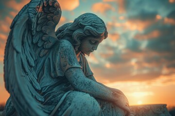 A statue of an angel sitting on top of a rock, suitable for use in a scene or as a decorative element