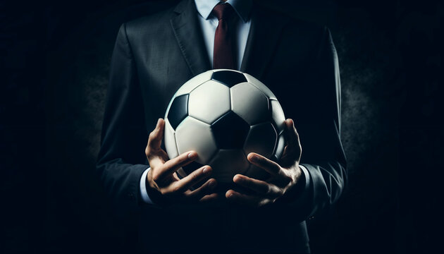 Man in Suit Holding Soccer Ball in Dark Setting