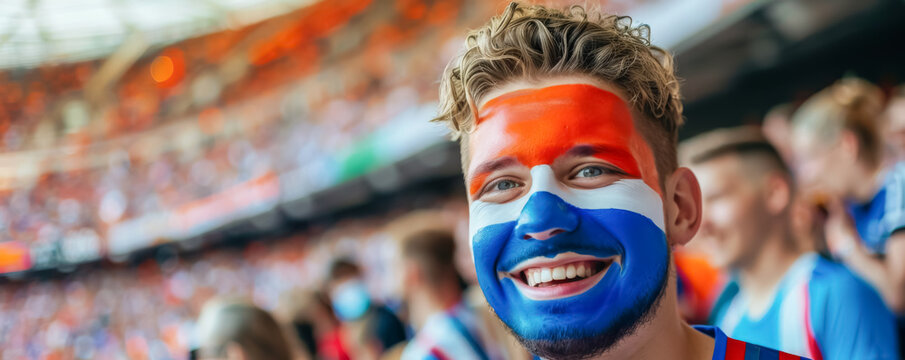 Happy Dutch male supporter with face painted in Dutch flag colors, Dutch fan at a sports event such as football, soccer or rugby match, blurry stadium background
 - Powered by Adobe