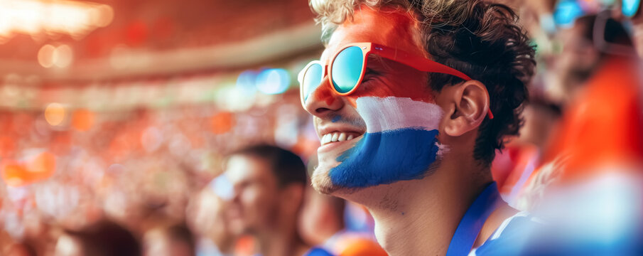Happy Dutch male supporter with face painted in Dutch flag colors, Dutch fan at a sports event such as football, soccer or rugby match, blurry stadium background
