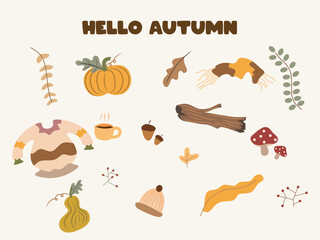 Autumn set, autumn clip art, collection of design elements with leaves, pumpkins, mushrooms and others. Hand drawn minimalist vector illustration.