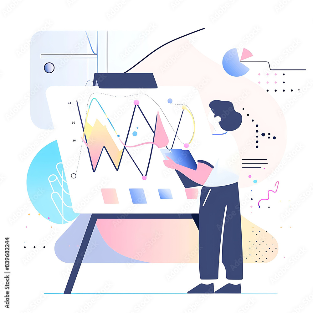 Poster flat illustration of teacher standing in front of a dahboard data chart soft lines and shapes abstra