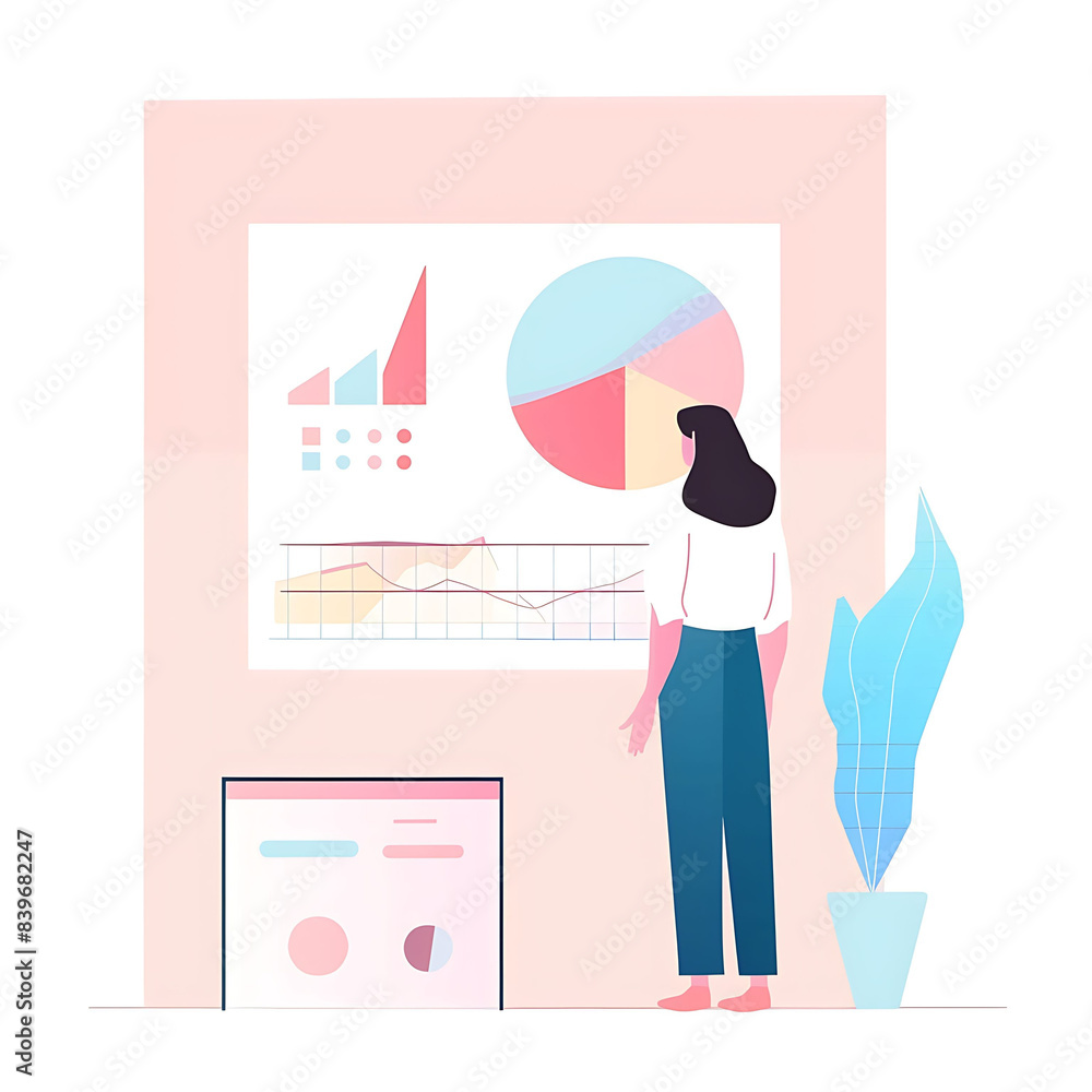 Poster flat illustration of teacher standing in front of a dahboard data chart soft lines and shapes abstra