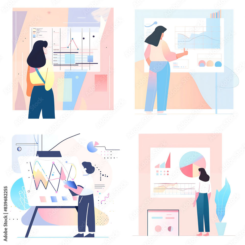 Poster flat illustration of teacher standing in front of a dahboard data chart soft lines and shapes abstra