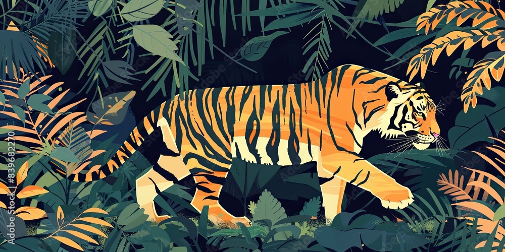 Wall mural Illustrated Tiger in Lush Foliage