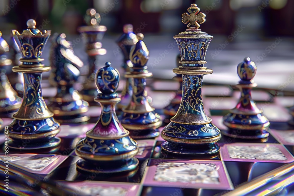 Poster a detailed view of multiple chess pieces on a game board