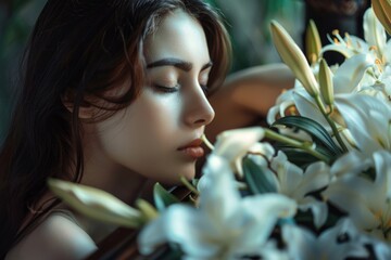 Fototapeta premium A woman holds a bouquet of white flowers and takes a sniff, with a look of appreciation on her face