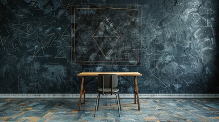 simple school-themed doodle art with a lone desk and chair, geometric pattern on the blackboard, giving a modern twist to the traditional back to school concept