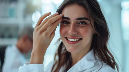 A scientist smiling while holding her hand to her forehead, possibly due to frustration or discomfort