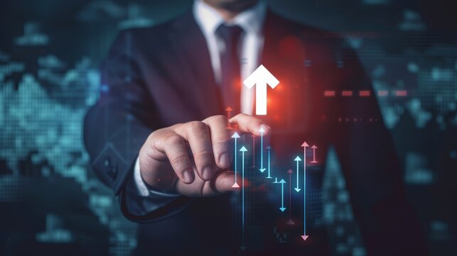 Cost reduction and budget management concept, Businessman touching a virtual screen with down arrow icon. Great for illustrating financial planning and business efficiency