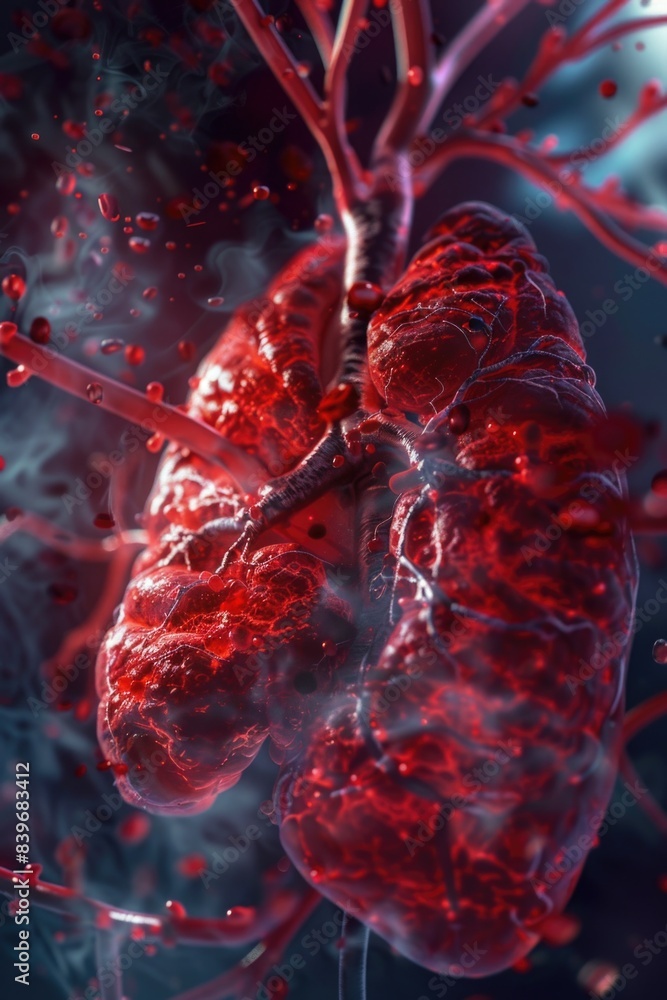 Poster a close-up view of a human heart with flowing red blood, highlighting its internal structure