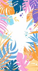 Abstract colorful tropical leaves frame the background in a presentation design flat illustration