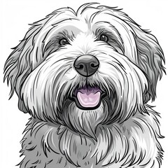 Cheerful white english sheepdog bobtail dog cartoon icon on white background, close up front view