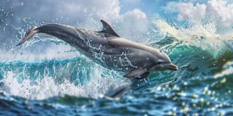 Fototapeta premium Dolphin Jumping Through Ocean Waves