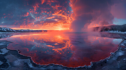 Fototapeta premium A nature geyser during sunset, the sky ablaze with colors, and the steam reflecting the hues