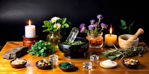 Fototapeta premium Black On a wooden table, there are various crystals, dry herbs, lavender candles, a magic table for a ritual, coziness, handmade toys, the nature of a candle, background, wallpaper for a magician 