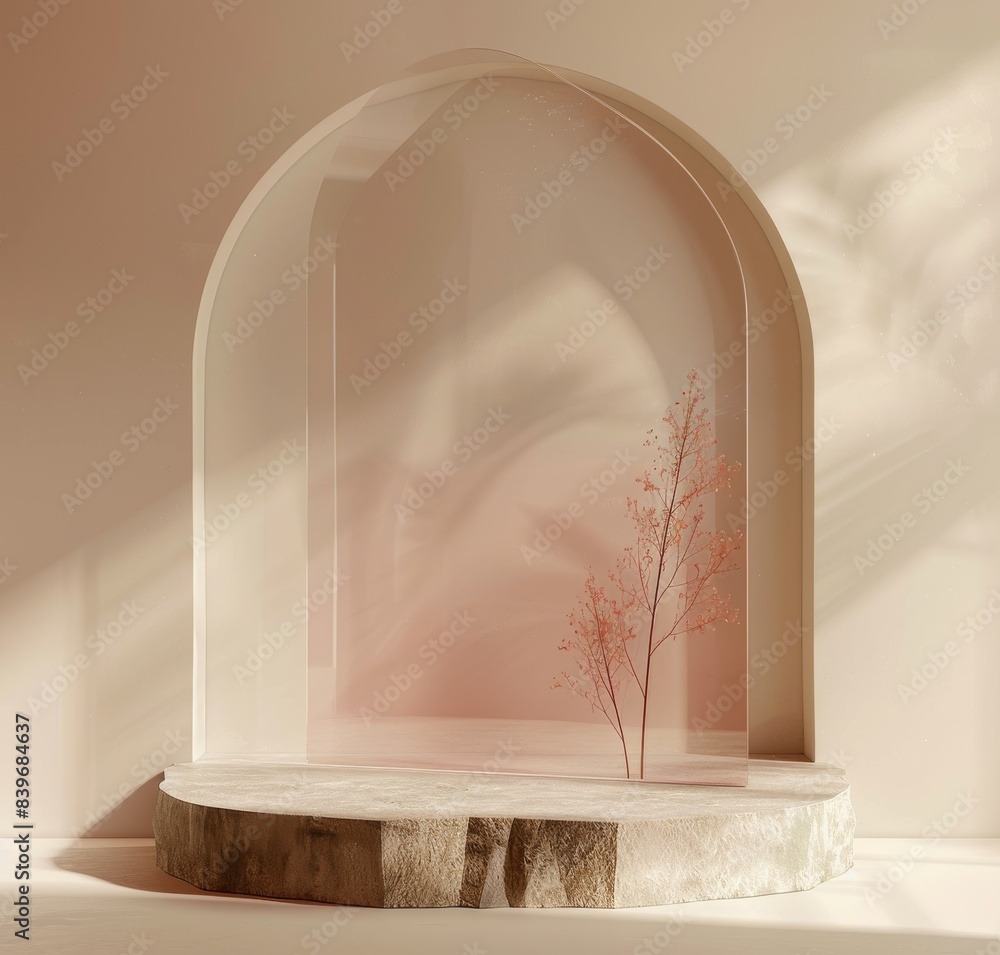 Poster minimalistic scene with arched glass display and single branch on stone block