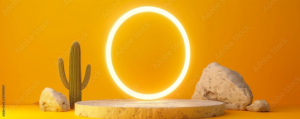 Aufkleber minimalistic yellow background with illuminated cactus and halo effect
