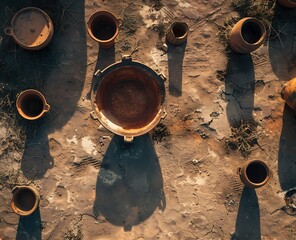 An ancient Greek bowl, made of red clay and with two handles on the sides, lies in an empty space surrounded by other ceramic pots from different times