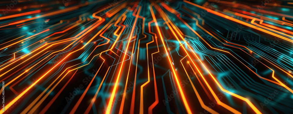Poster abstract digital background with glowing neon lights and computer chip on dark black studio backdrop