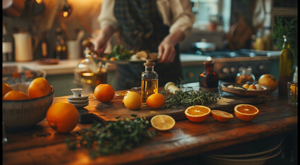 A cozy, warm kitchen scene, The kitchen is filled with the soothing aroma of citrus fruits and herbs. various ingredients and oil bottles are spread out on a wooden table. tranquil vibe